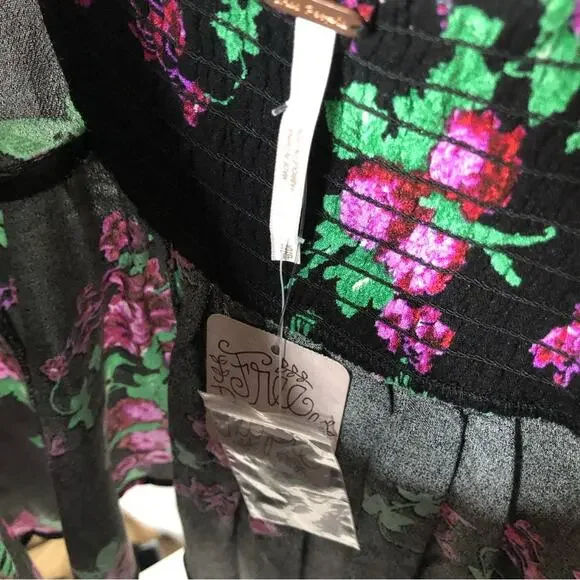 Free People Close To You Floral Puff Sleeve Button Down Top Charcoal Size XS - Picture 3 of 4